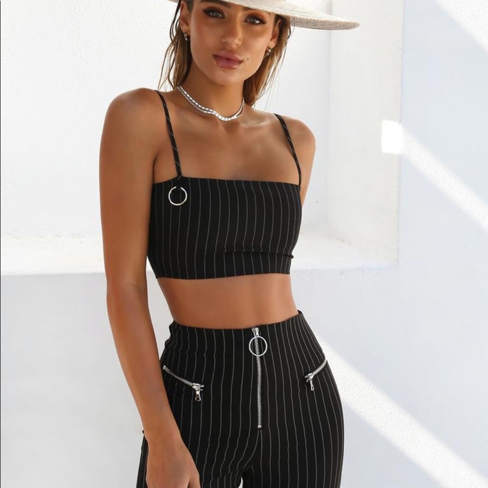 Black Stripped Two Piece Set With Zipper